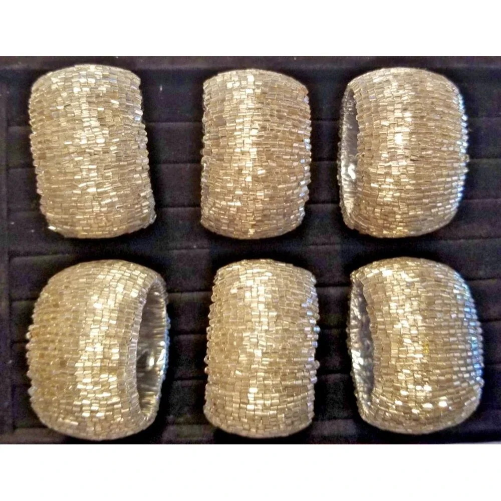 Elegant Beaded Napkin RIng Holders Silver Round Set of 6 Special Occasion